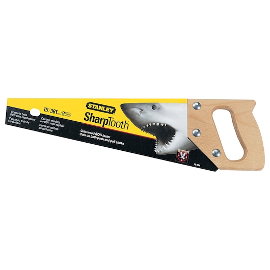 STANLEY 15-334 hand saw with wood handle, yellow and black SharpTooth packaging, shark graphic, side view.