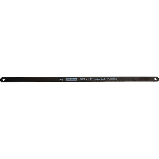 Photo of STANLEY 15-922A carbon steel flexible hacksaw blade, 32T x 12 inch, front angle, black color.