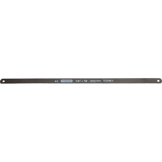 Stanley 15-928A carbon steel flexible hacksaw blade, front angle, black with white text.