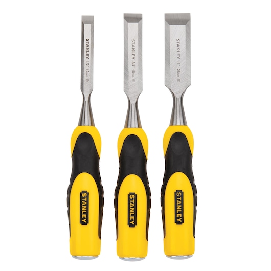 Stanley chisel set front view, three sizes, yellow and black handles, stainless steel blades on white background