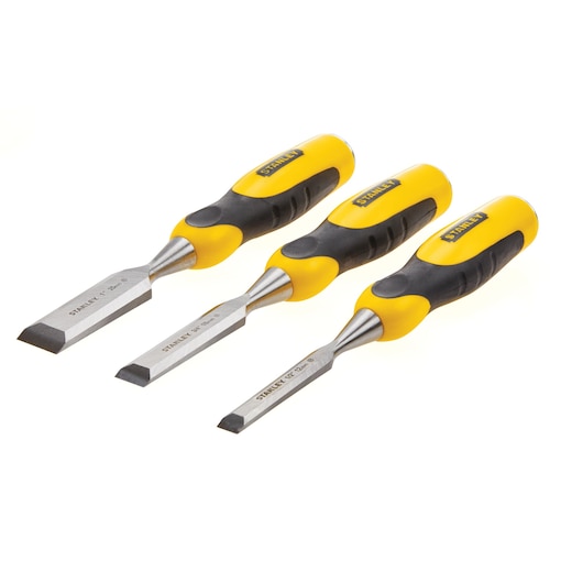 Stanley three-piece wood chisel set with yellow and black handles, angled view on white background