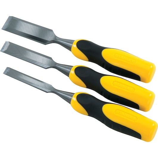 Stanley 16-300 chisel set with yellow and black handles, top angle, on white background.