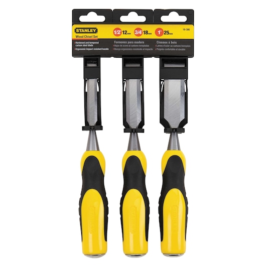 STANLEY 16-300 wood chisel set with three yellow and black ergonomic handles, photographed on white background.