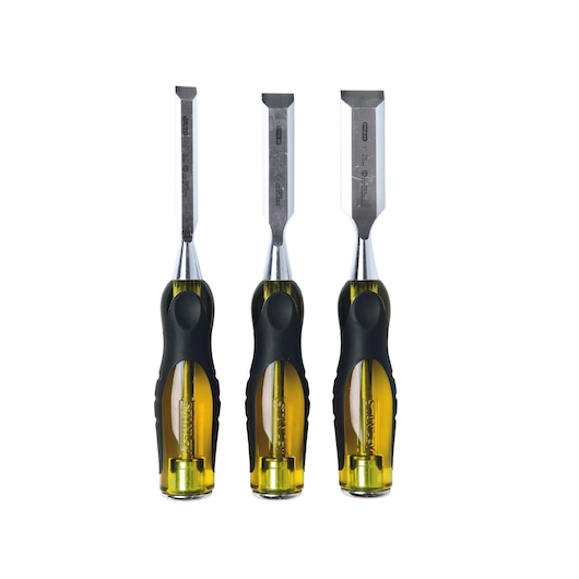 STANLEY 16-970 woodworking chisel set, three chisels with black and yellow handles, front angle.