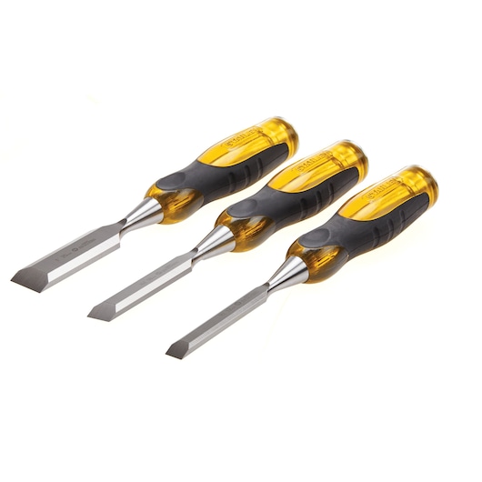Stanley wood chisel set of three with yellow and black handles, angled front shot on white background