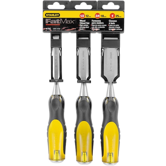 STANLEY FatMax 16-970 wood chisel set, three high-carbon steel chisels with yellow and black handles, front view.