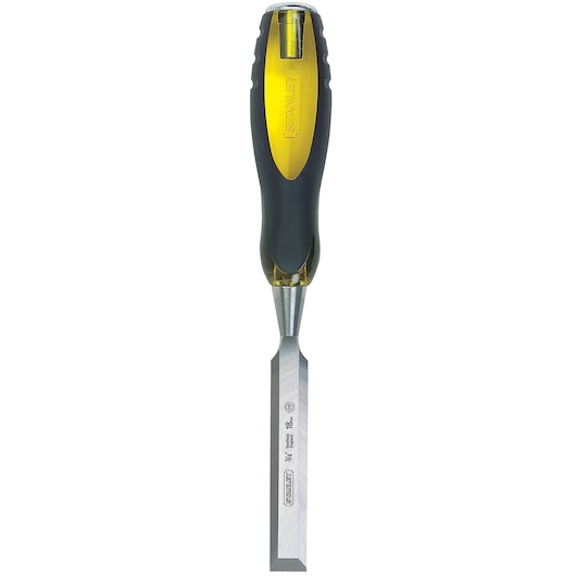 STANLEY wood chisel with yellow and black ergonomic handle, front angle on white background