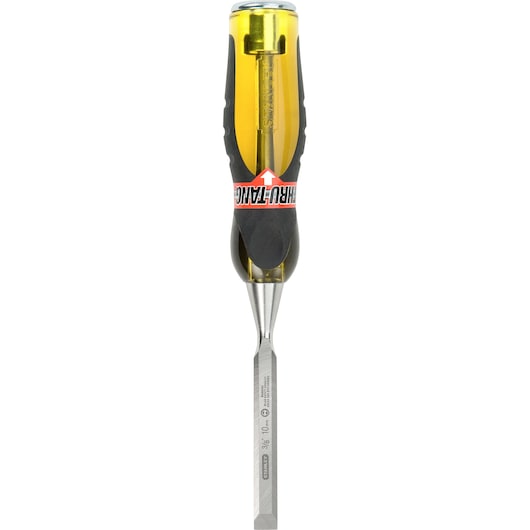STANLEY 16-974 chisel with yellow and black handle, straight-on angle, white background.
