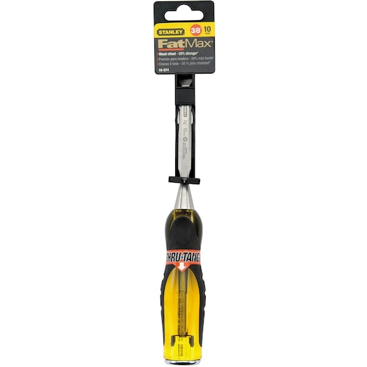 Photo of STANLEY FatMax 3/8 in. wood chisel, SKU 16-974, with yellow and black handle, front angle on white background.