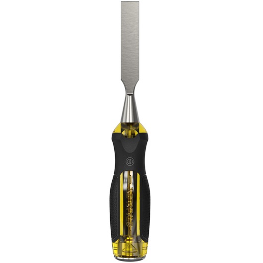 STANLEY 16-976 woodworking chisel with yellow and black handle, front view on white background.