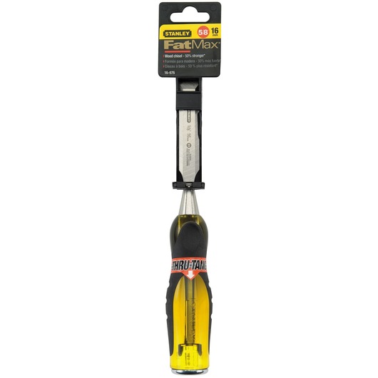 Photo of STANLEY FatMax 16 mm wood chisel SKU 16-976, with black and yellow ergonomic handle, front view on white.
