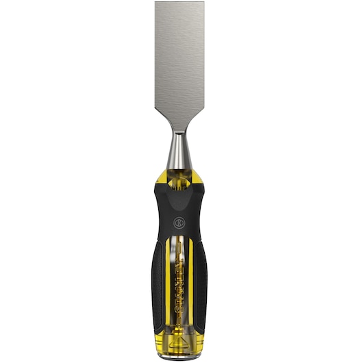 Photo of STANLEY 16-979 woodworking chisel, yellow and black handle, flat steel blade, front view on white background.