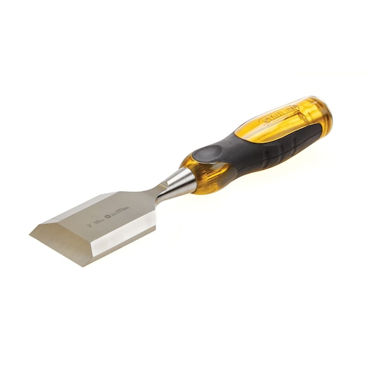 Stanley wood chisel with yellow and black handle, beveled steel blade, angled product shot on white background