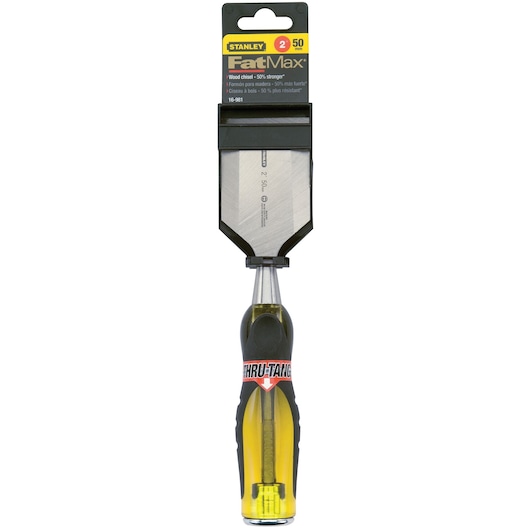 STANLEY 16-981 wood chisel, FatMax series, clear and black handle, front angle on white background.