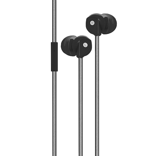 Stanley black wired in-ear headphones front angle with left and right earbud indicators and inline control.