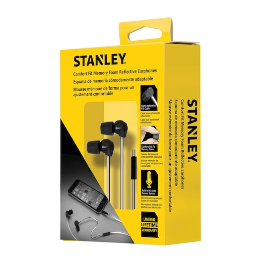 STANLEY Comfort Fit Memory Foam Reflective Earphones in yellow box, showing earphones with black foam tips and reflective cable, angled view.