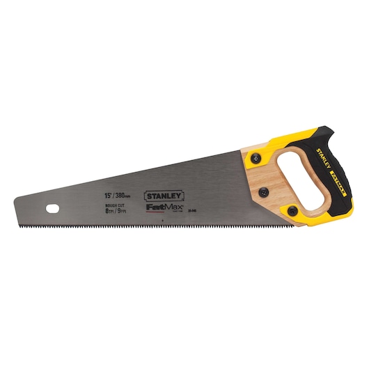 Stanley FatMax hand saw with 15 inch steel blade and yellow black ergonomic handle, side angle on white background.