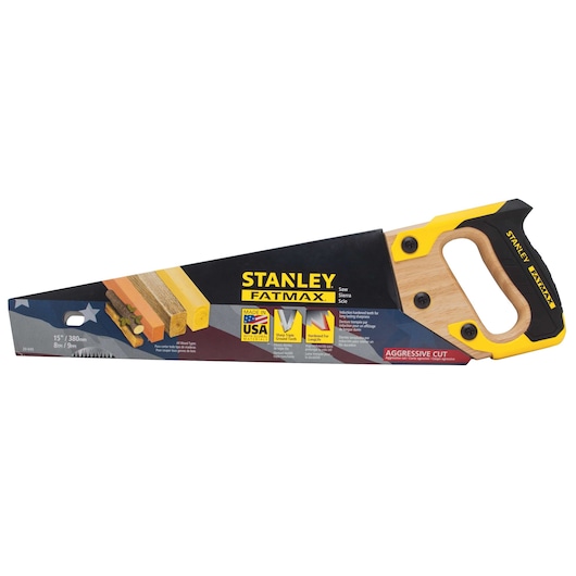 STANLEY FATMAX 15-inch hand saw with yellow and black handle, angled front view, SKU 20-045.