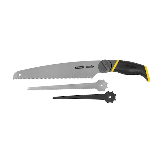 Stanley hand saw with black and yellow handle and two interchangeable blades, side view on white background