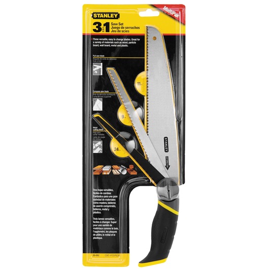 STANLEY 3-in-1 saw set, SKU 20-092, includes three interchangeable saw blades with black and yellow ergonomic handle, front packaging view.