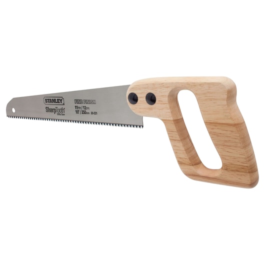 Stanley utility saw side view with SharpTooth blade and ergonomic wooden handle on white background