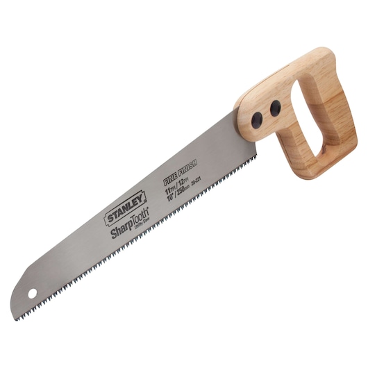 Stanley hand saw with fine finish blade and wooden handle, side angle on white background