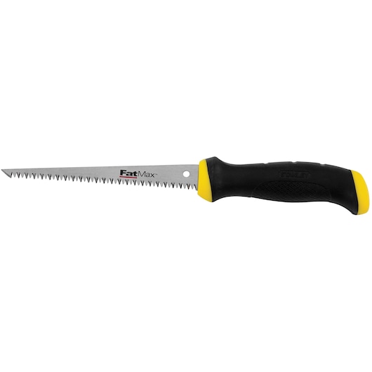 STANLEY FatMax jab saw with black and yellow ergonomic handle, side view on white background.