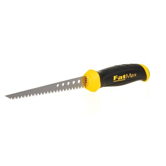 Stanley FatMax drywall saw with yellow and black ergonomic handle, side angle on white background