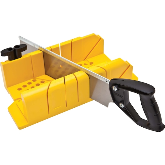 STANLEY yellow plastic miter box with saw, black handle and adjustable pins, three-quarter angle on white background