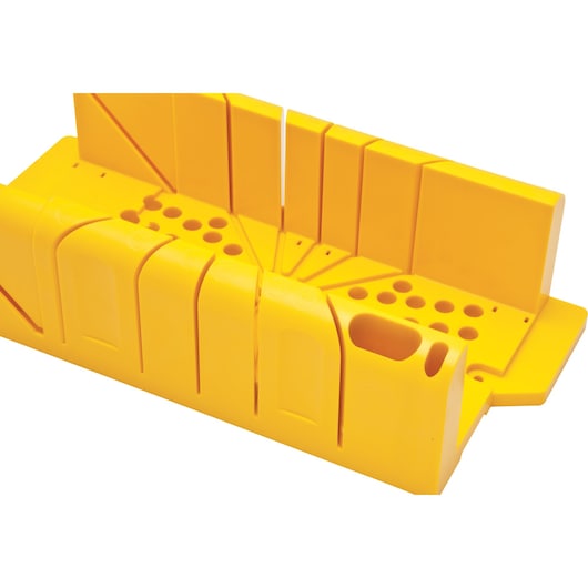 STANLEY 20-600 plastic miter box, bright yellow, front angle, multiple saw guide slots and holes.
