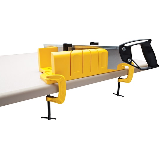 STANLEY 20-600 yellow miter box set with saw and clamps, side angle on white background.
