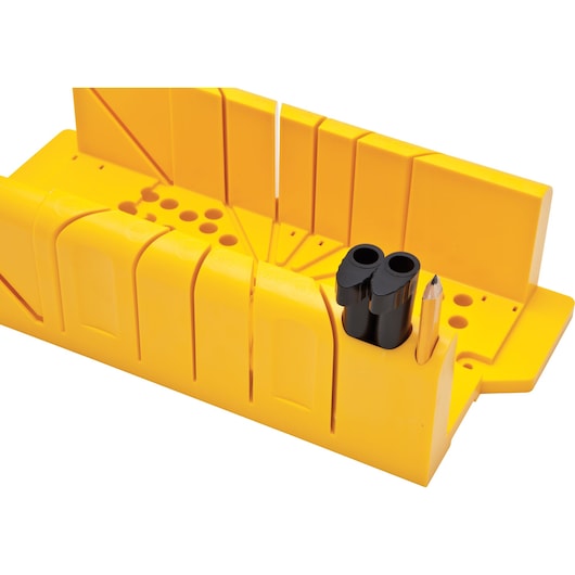 STANLEY 20-600 yellow plastic miter box with integrated pencil holder, shown from angle with white background.