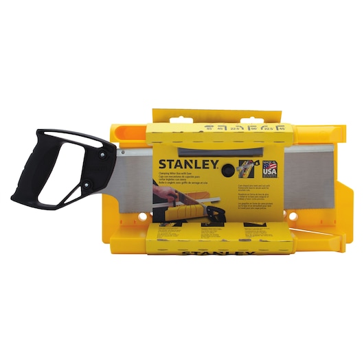 Photo of STANLEY clamping miter box with saw, SKU 20-600, yellow plastic box and black-handled saw, front angle.
