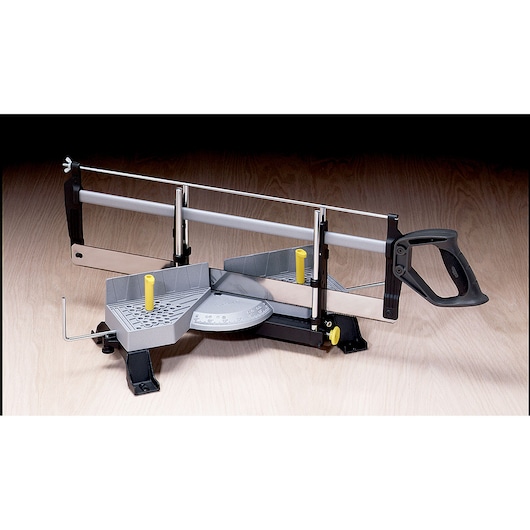 STANLEY 20-800 miter box saw, black and gray, angled photography showing handle and blade.