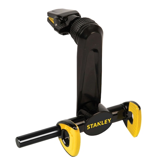 Stanley black and yellow camera tripod mount, side angle, with adjustable clamp and non-slip grips.