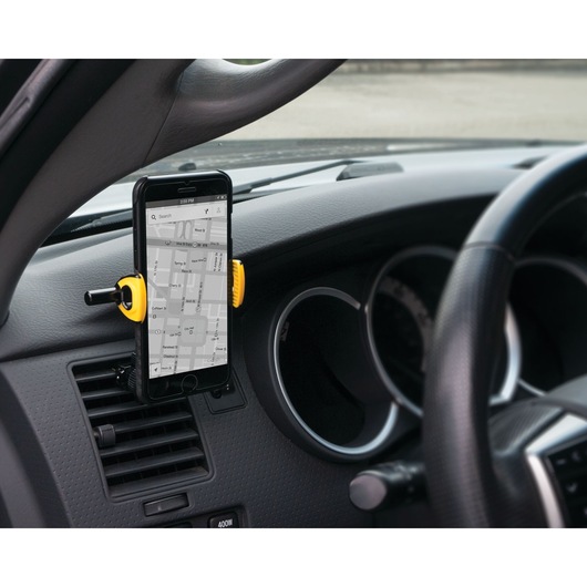 STANLEY 2040424ST2 phone holder mounted on car vent holding smartphone with map app in dashboard view.