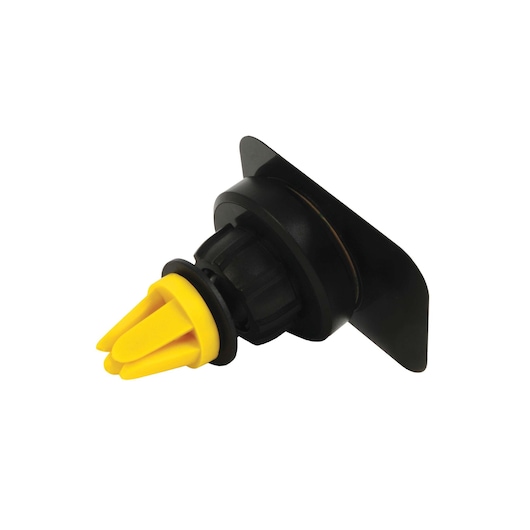 Stanley yellow and black plastic car vent phone mount shown angled on white background.