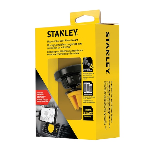STANLEY 2049525ST2 magnetic car vent phone mount in yellow retail packaging, front right angle.