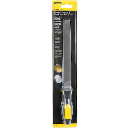 Stanley 8-inch mill file SKU 21-106 with yellow and black handle, front angle, in retail packaging.