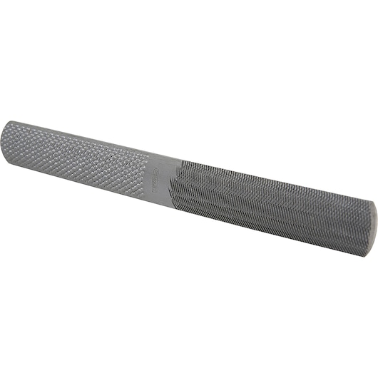 STANLEY 21-113 round metal file, dual-texture, side angle, grey steel, shown on white background.