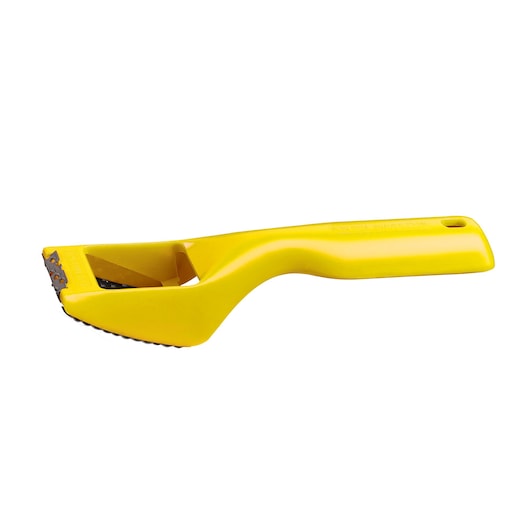 Photo of STANLEY 21-115 yellow plastic rasp tool with metal grating, side angle on white background.