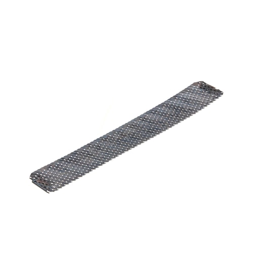 Stanley replacement surform blade, flat metal file with perforated pattern, top view on white background.