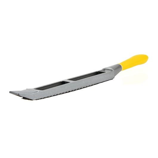 Stanley surform flat file with yellow handle, angled side view on white background