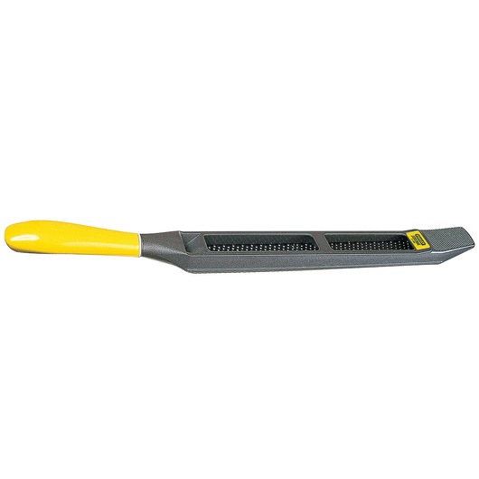 Photo of STANLEY 21-295 hand rasp with yellow handle, black metal body, and side angle on white background.