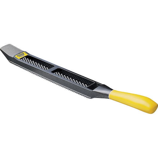 Stanley 21-295 hand rasp tool with yellow handle, side angle, black body and metal blade.