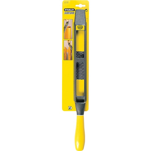 STANLEY 21-295 Surform flat file with yellow handle, packaged on yellow card, front angle.