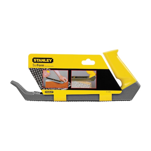 Photo of STANLEY SurForm hand rasp, SKU 21-296, with yellow ergonomic handle, side angle on white background.