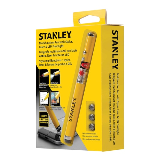 Photo of STANLEY SKU 2151049ST2 multifunction pen with stylus, laser, LED flashlight in yellow retail packaging.