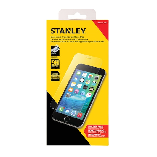 Stanley glass screen protector for iPhone 6/6s, retail box, front angle, SKU 2151547ST2.