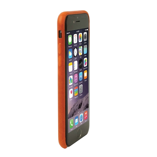 Front angled shot of smartphone with brown protective case on white background